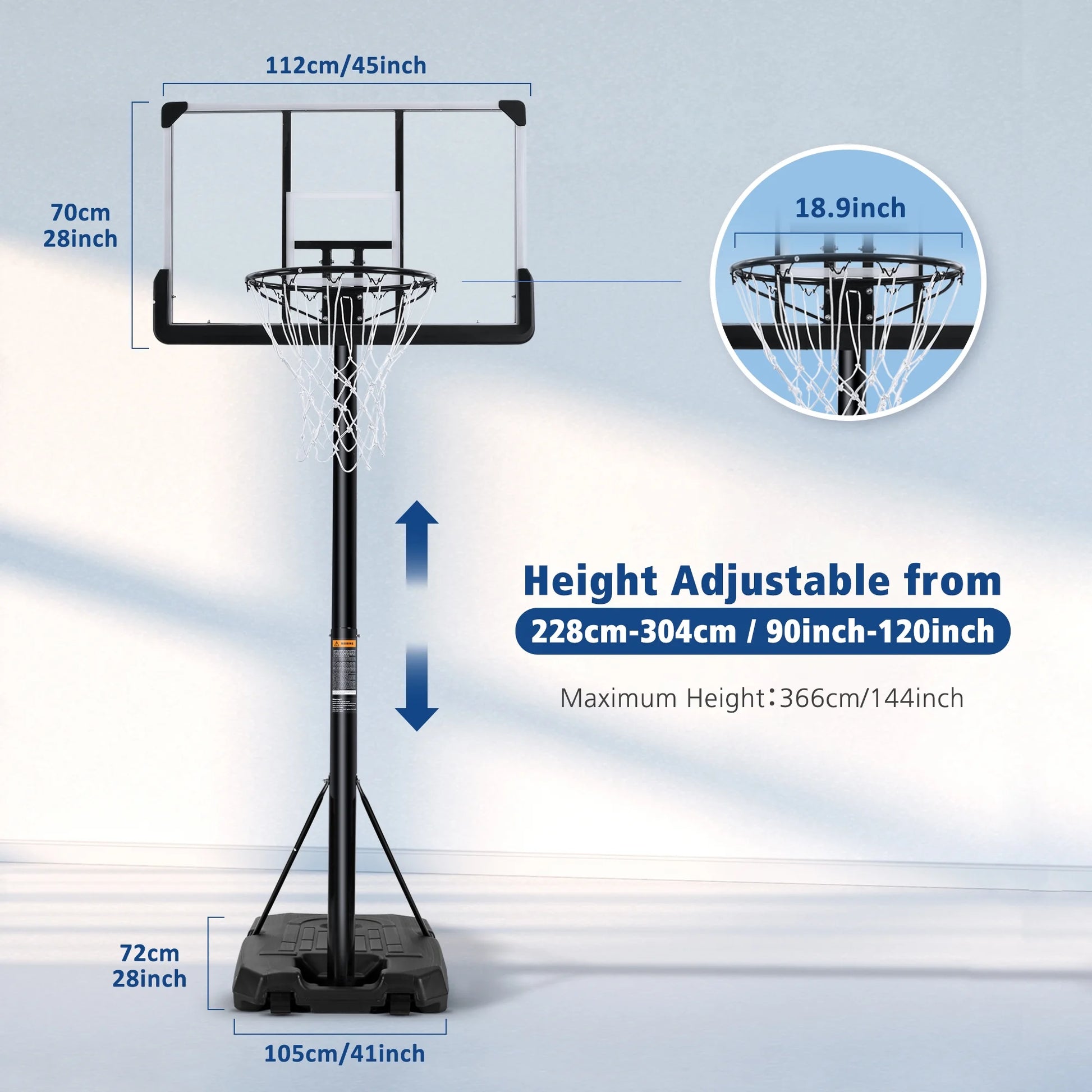 44In Basketball Hoop Portable Basketball System with Adjustable Height with Big Backboard and Large Base for Youth Adults Family Indoor Outdoor
