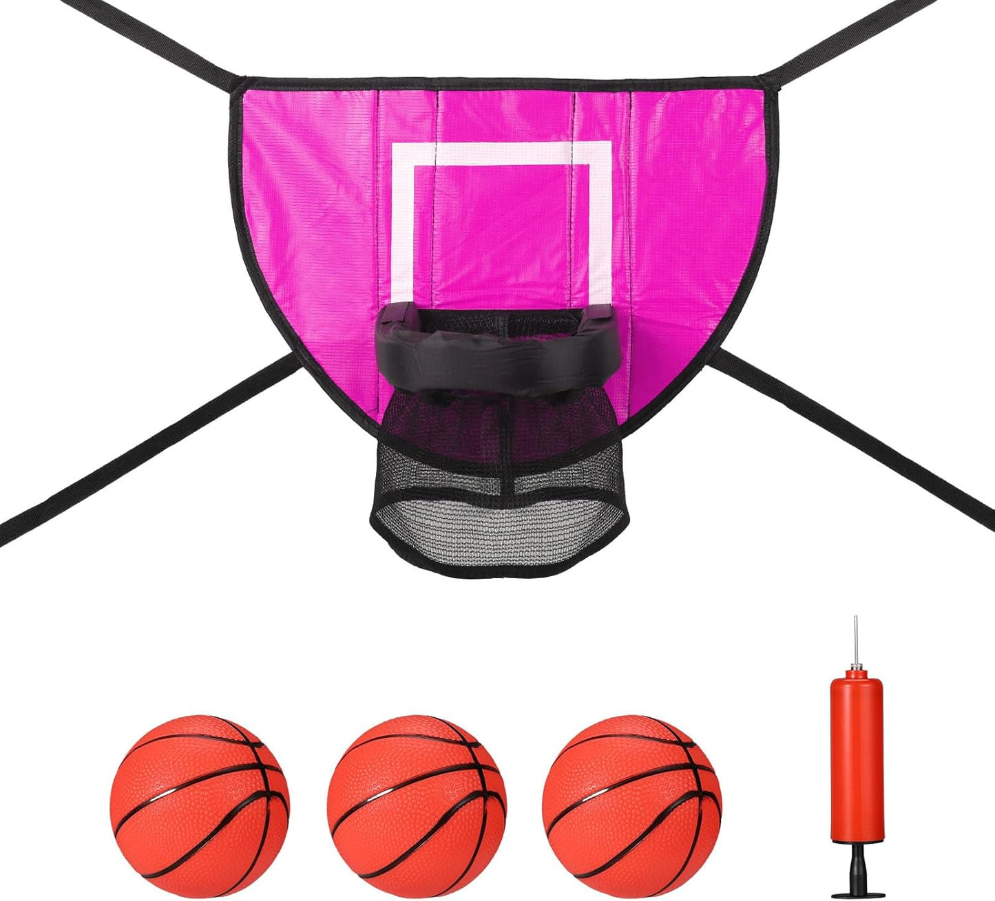 Trampoline Basketball Hoop Attachment Set, Soft Basketball Goal for Trampoline with 3 Mini Basketball and 1 Pump, Waterproof Trampoline Accessories Basketball for Basketball Lovers (Pink)