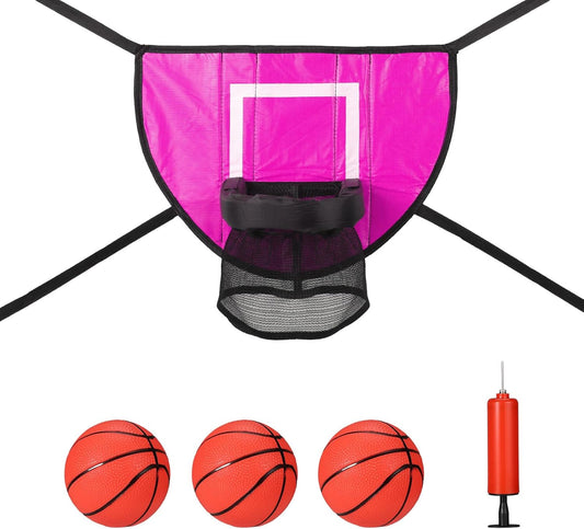 Trampoline Basketball Hoop Attachment Set, Soft Basketball Goal for Trampoline with 3 Mini Basketball and 1 Pump, Waterproof Trampoline Accessories Basketball for Basketball Lovers (Pink)