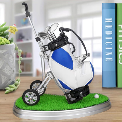 Golf Pen Holder 3 Club Pens & Movable Cart, Mini Golf Bag Desk Decor for Office, Funny Gifts for Men, Dad, Boss Stocking Stuffers for Golfers on Birthday, Christmas, Fathers Day (Blue)