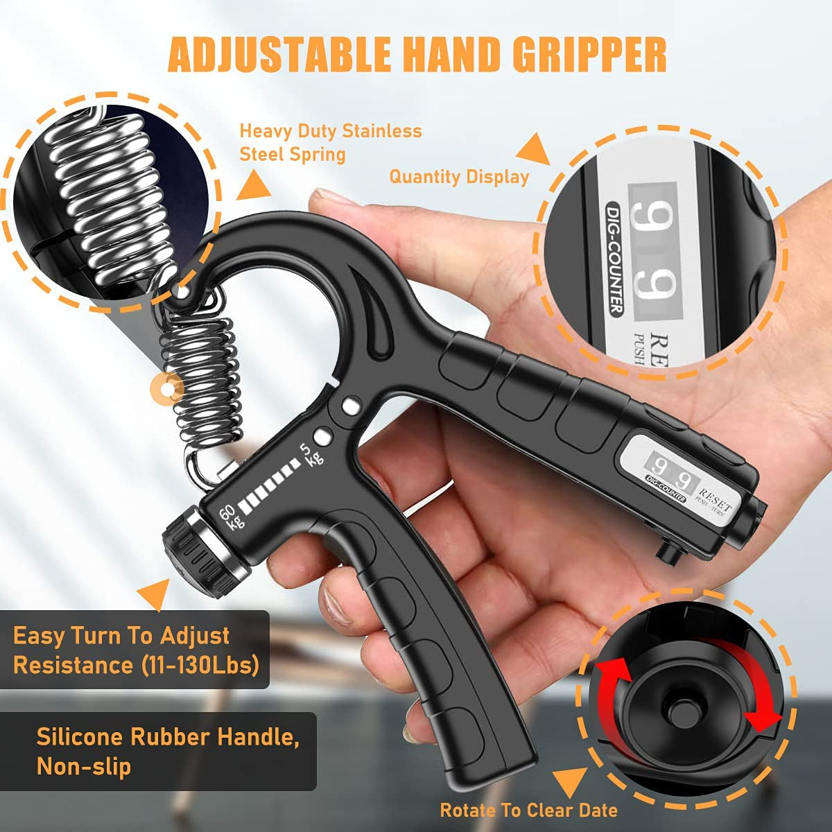 Grip Strength Trainer 5Pack, Hand Grip Strengthener with Counter,Adjustable Resistance Forearm Grip Strengthener for Physical Therapy Climbing,11 Lbs -132Lbs