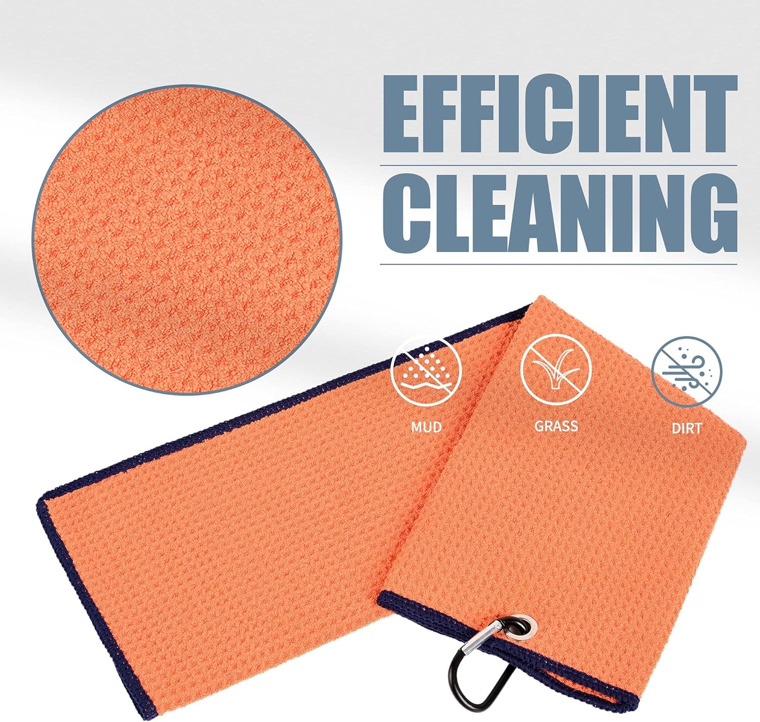 Tri-Fold Golf Towel | Premium Microfiber Fabric | Waffle Pattern | with Heavy Duty Carabiner Clip | Golf Towel for Men and Women (Orange)