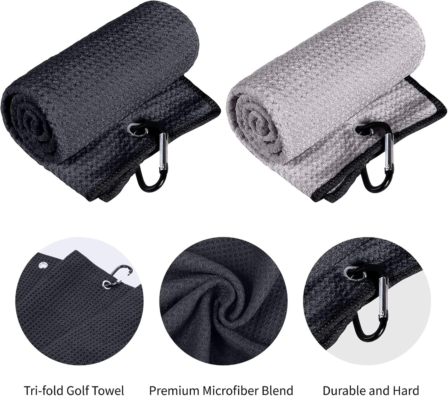 3 Pack Golf Towel Clean Set| Microfiber Waffle Pattern Tri-Fold Golf Towel | Brush Tool Kit with Club Groove Cleaner |Golf Accessories for Men, Women (Black/Gray Towel+ Gray Brush)