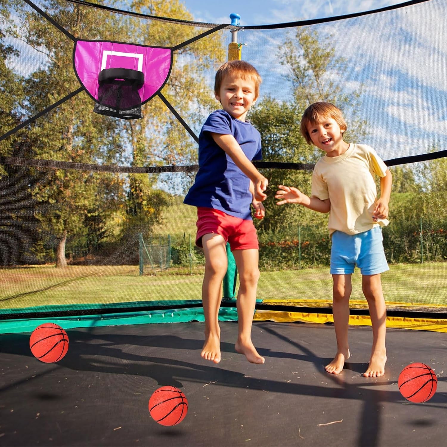 Trampoline Basketball Hoop Attachment Set, Soft Basketball Goal for Trampoline with 3 Mini Basketball and 1 Pump, Waterproof Trampoline Accessories Basketball for Basketball Lovers (Pink)