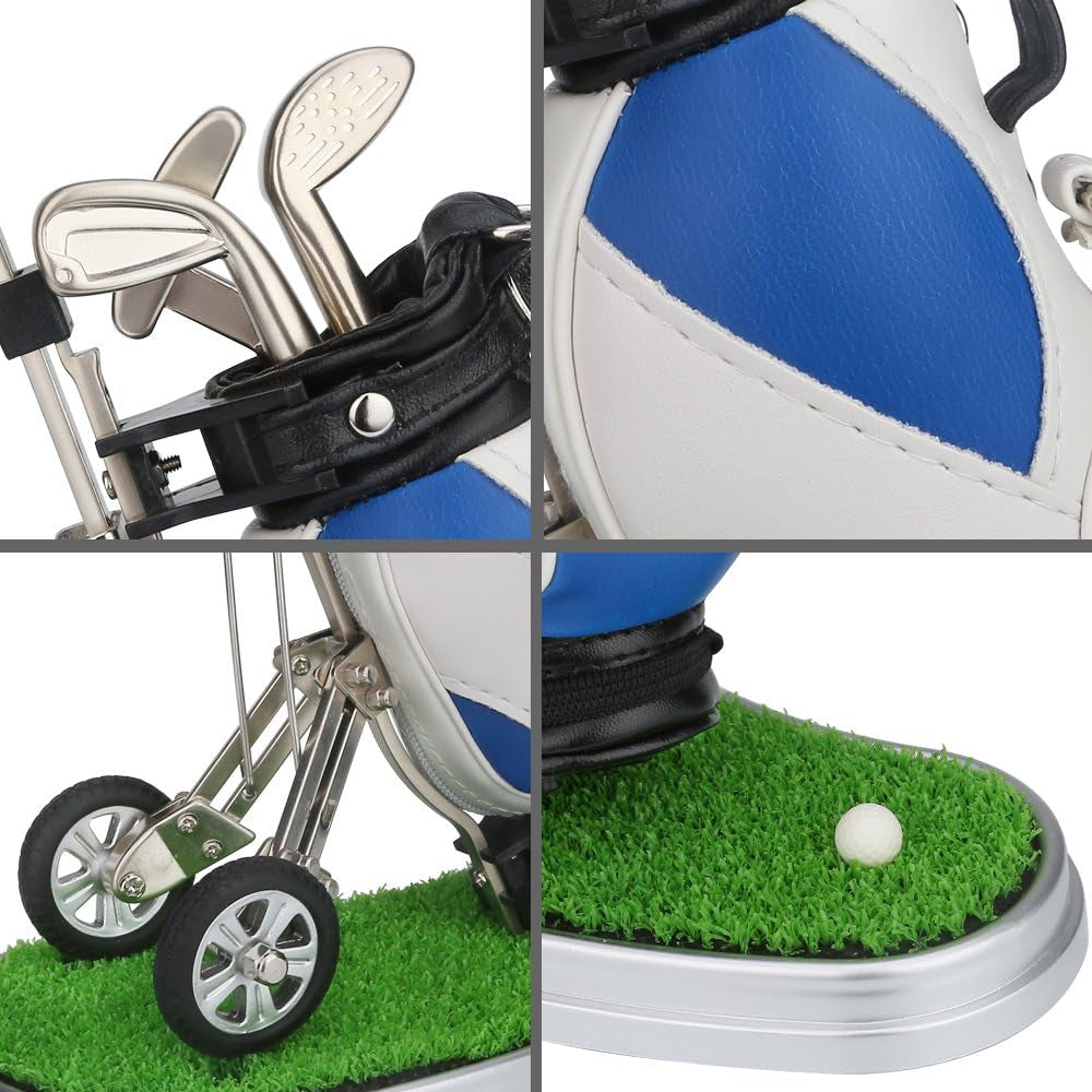 Golf Pen Holder 3 Club Pens & Movable Cart, Mini Golf Bag Desk Decor for Office, Funny Gifts for Men, Dad, Boss Stocking Stuffers for Golfers on Birthday, Christmas, Fathers Day (Blue)