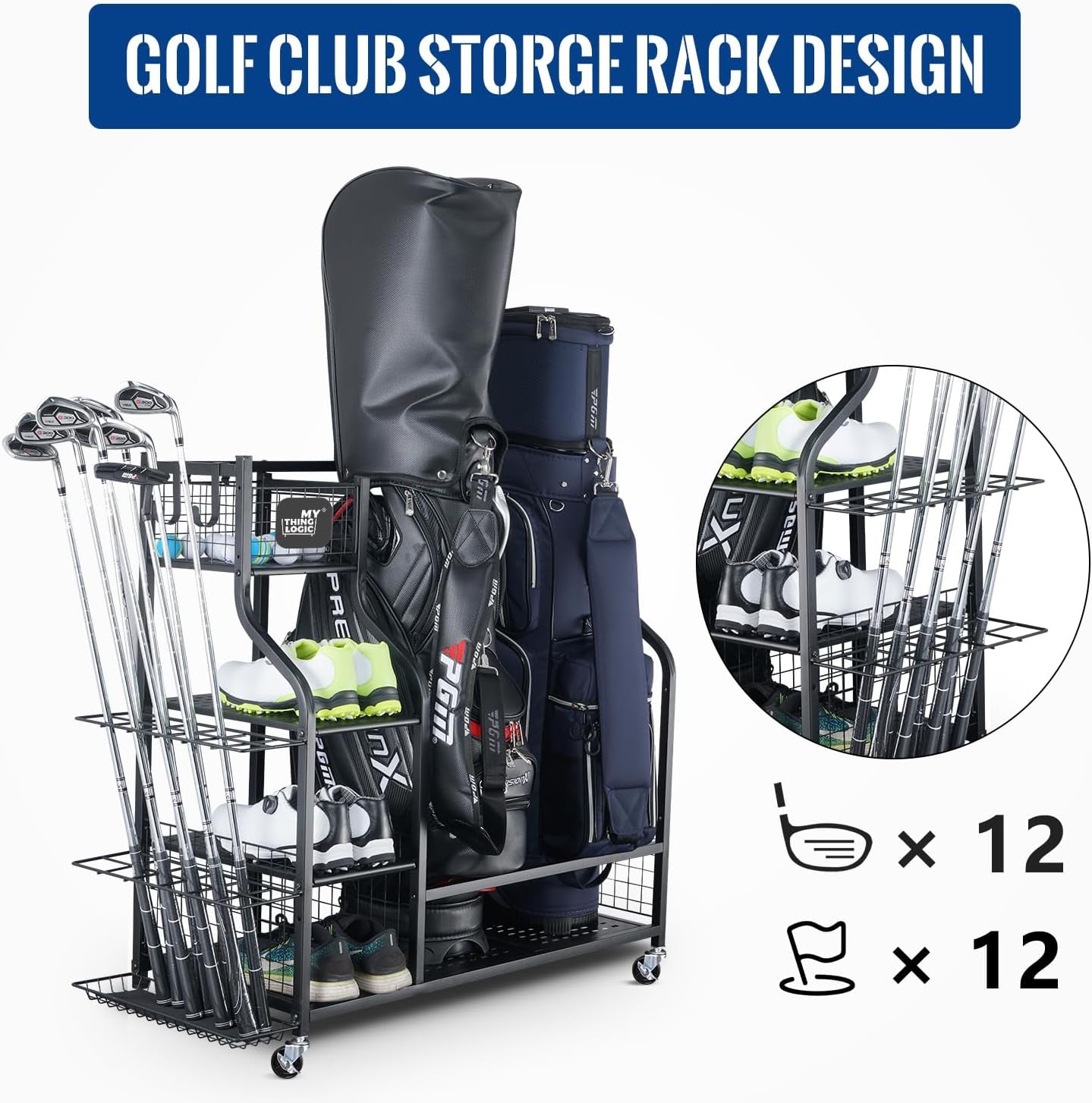 Golf Storage Garage Organizer, Golf Bag Storage Stand and Other Golfing Equipment Rack, Extra Storage Rack for Golf Clubs