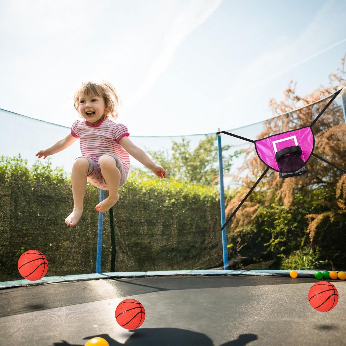 Trampoline Basketball Hoop Attachment Set, Soft Basketball Goal for Trampoline with 3 Mini Basketball and 1 Pump, Waterproof Trampoline Accessories Basketball for Basketball Lovers (Pink)