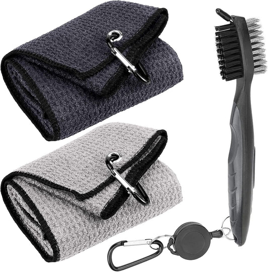 3 Pack Golf Towel Clean Set| Microfiber Waffle Pattern Tri-Fold Golf Towel | Brush Tool Kit with Club Groove Cleaner |Golf Accessories for Men, Women (Black/Gray Towel+ Gray Brush)