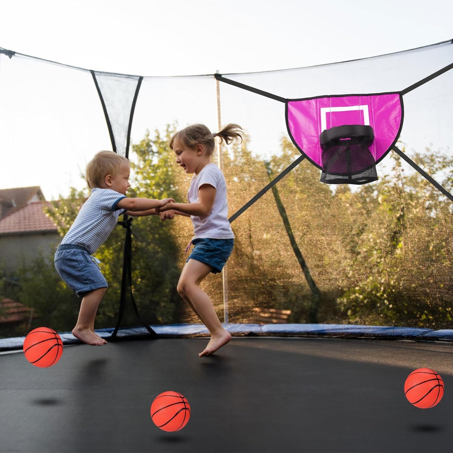 Trampoline Basketball Hoop Attachment Set, Soft Basketball Goal for Trampoline with 3 Mini Basketball and 1 Pump, Waterproof Trampoline Accessories Basketball for Basketball Lovers (Pink)