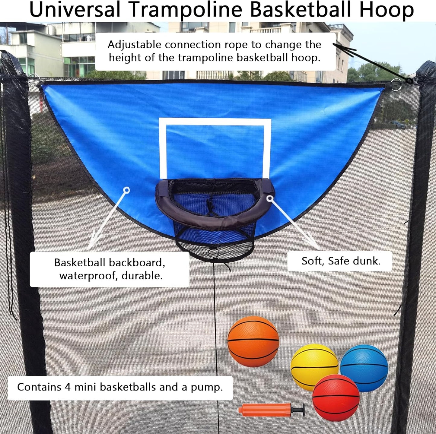 Trampoline Basketball Hoop, with Pump and 4 Mini Balls, Easy to Install, Universal Trampoline Accessories, Trampolines Basketball for Dunking