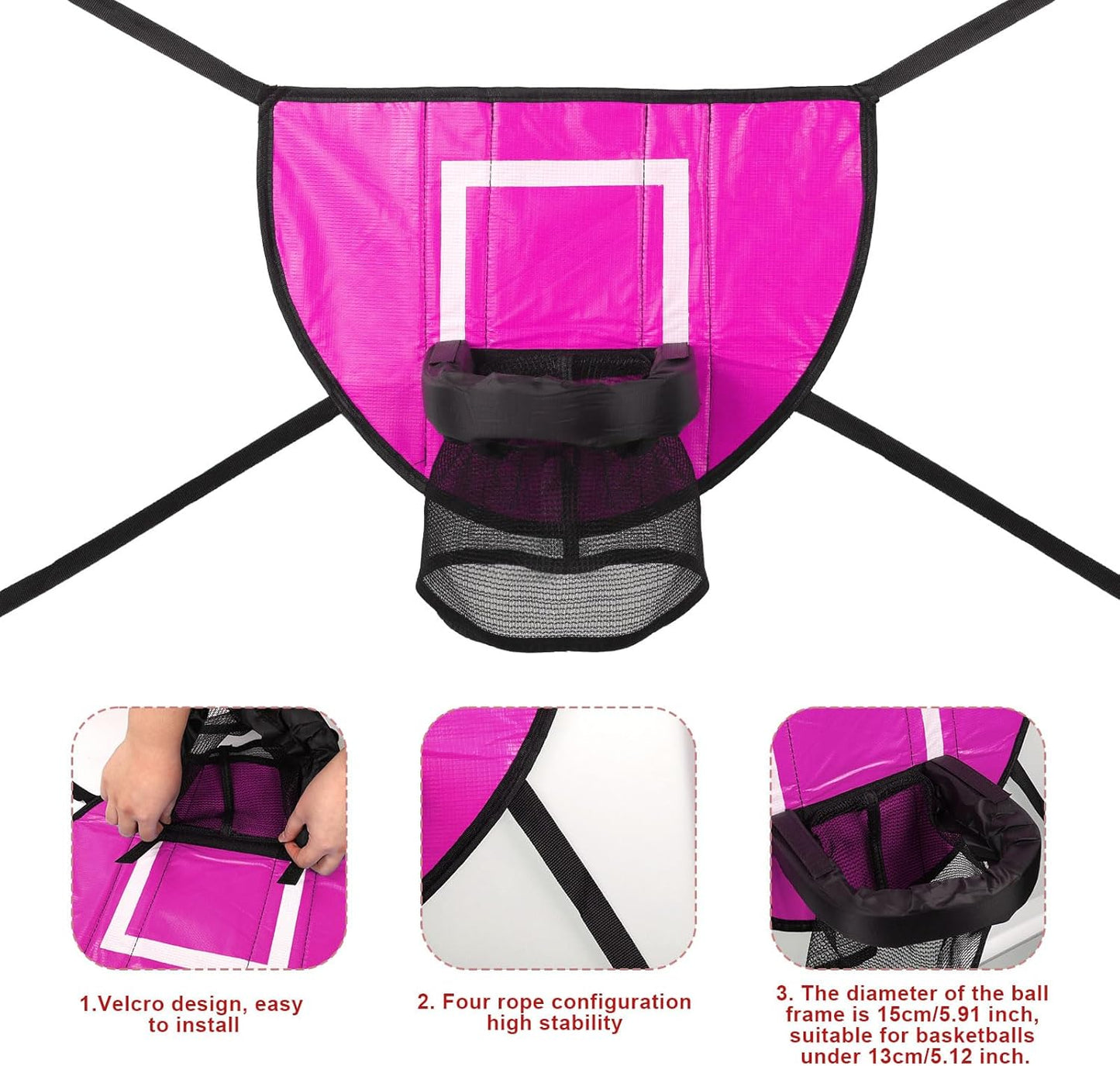 Trampoline Basketball Hoop Attachment Set, Soft Basketball Goal for Trampoline with 3 Mini Basketball and 1 Pump, Waterproof Trampoline Accessories Basketball for Basketball Lovers (Pink)